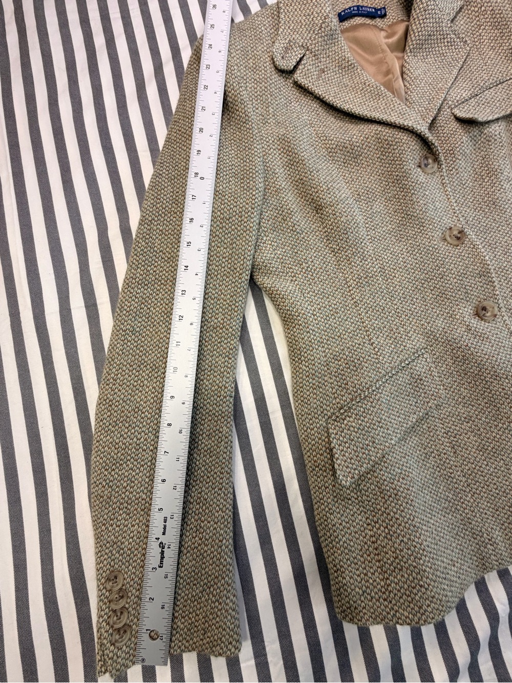 Women's Ralph Lauren Made in Italy Lambswool Alpaca Tweed Blazer Jacket 12 Tan - Picture 11 of 16